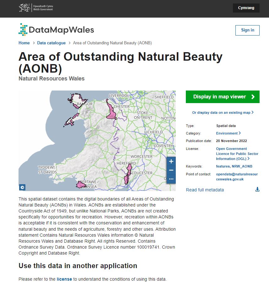 This image is a spatial dataset containing the digital boundaries of all Areas of Outstanding Natural Beauty in Wales.
