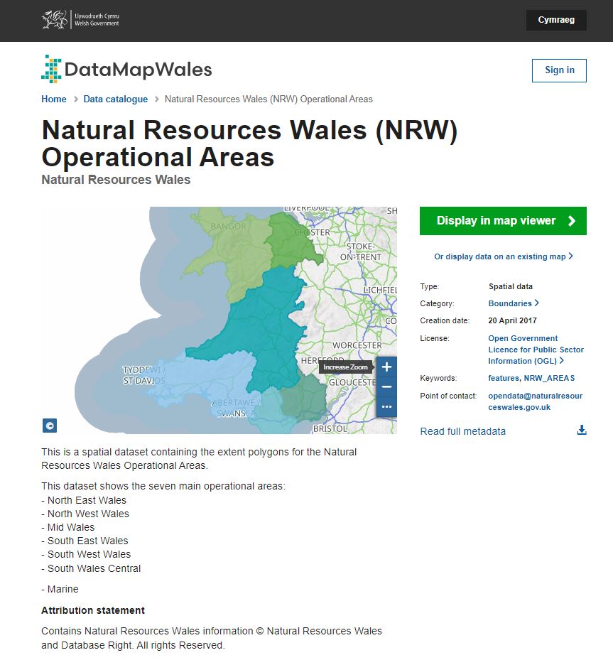 This image is a spatial dataset of Natural Resources Wales Operational Areas.